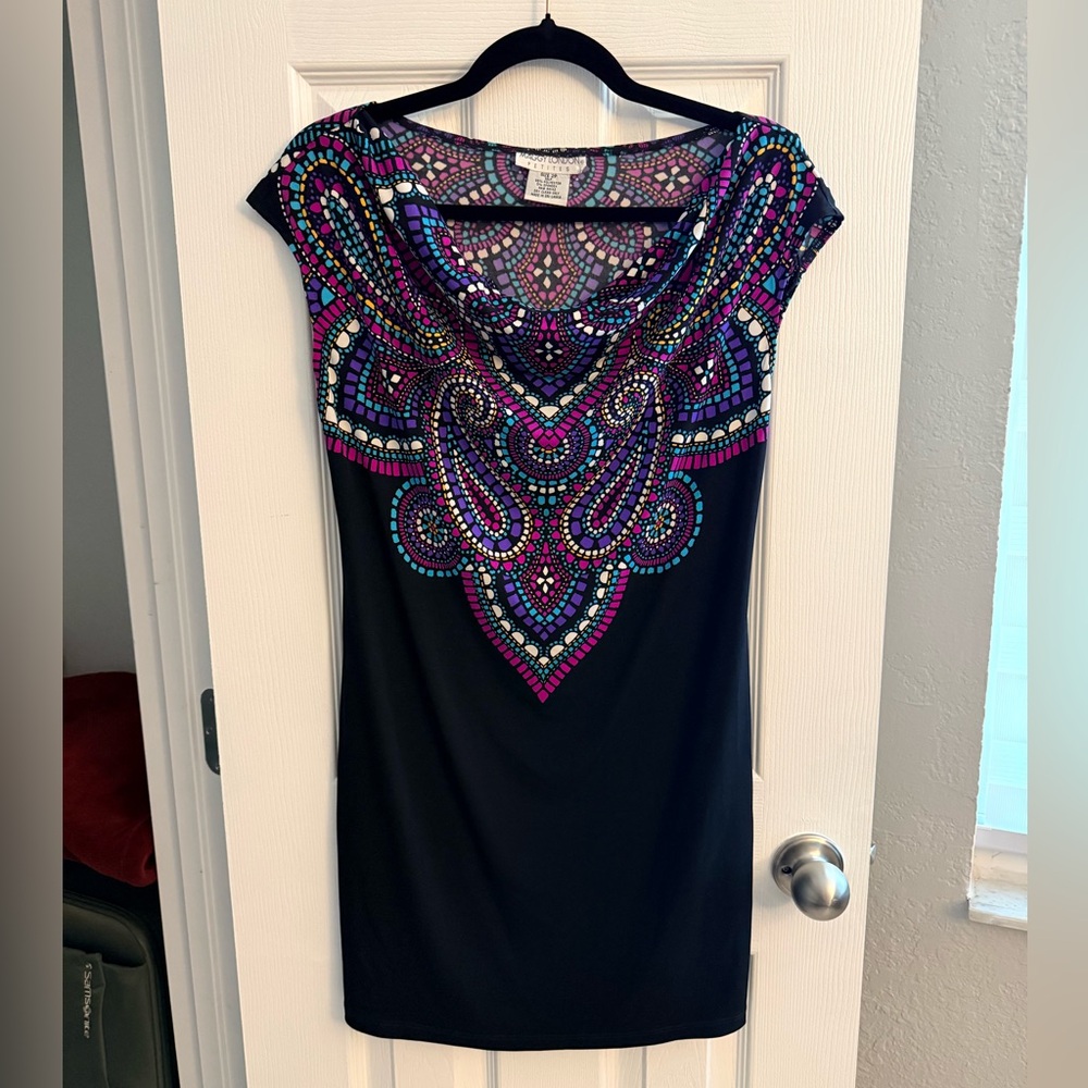 Maggy London Black Mini Dress with Vibrant Y2K Design